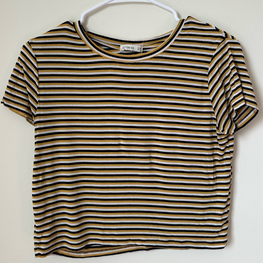 Cotton On Yellow & Black Striped Cropped Baby Tee | XS